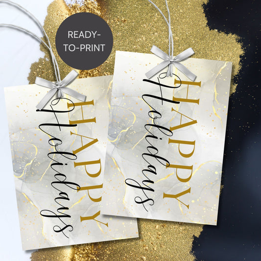 Luxury Holiday gift tags featuring a marble background with gold accents and black "Happy Holidays" typography, sized 2.5 x 3.5 inches, 8 tags per sheet.