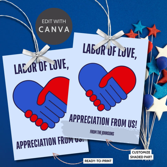 Printable Labor Day gift tags featuring a red and blue handshake heart and the message 'Labor of Love, Appreciation from Us!' Perfect for customizing and celebrating Labor Day. Size 2.5 x 3.5 inches, 8 tags per sheet.