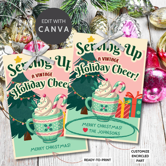 Retro-inspired Christmas gift tags featuring a cozy mug of whipped cream with a candy cane, a Christmas tree, and presents, paired with the message "Serving Up a Vintage Holiday Cheer!" These printable and editable tags add a charming, nostalgic touch to holiday gifts.