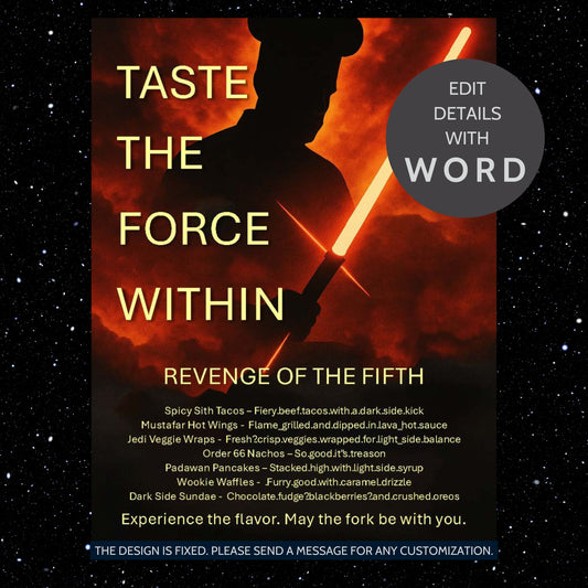Editable Revenge of the Fifth menu template with Star Wars-themed food items like Spicy Sith Tacos and Jedi Veggie Wraps, perfect for chef promos and May 5th celebrations.
