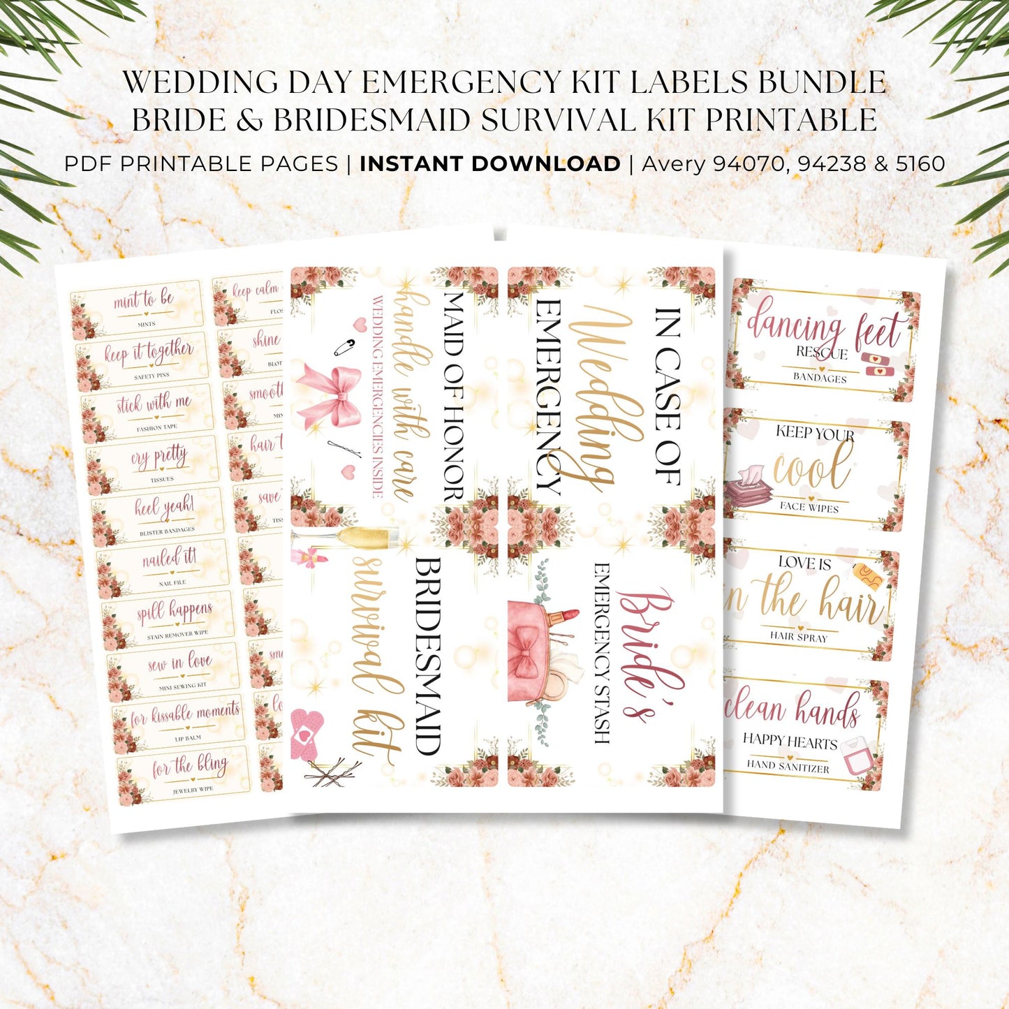 Wedding emergency kit printable labels in large medium and small sizes for organizing bridal survival kit supplies