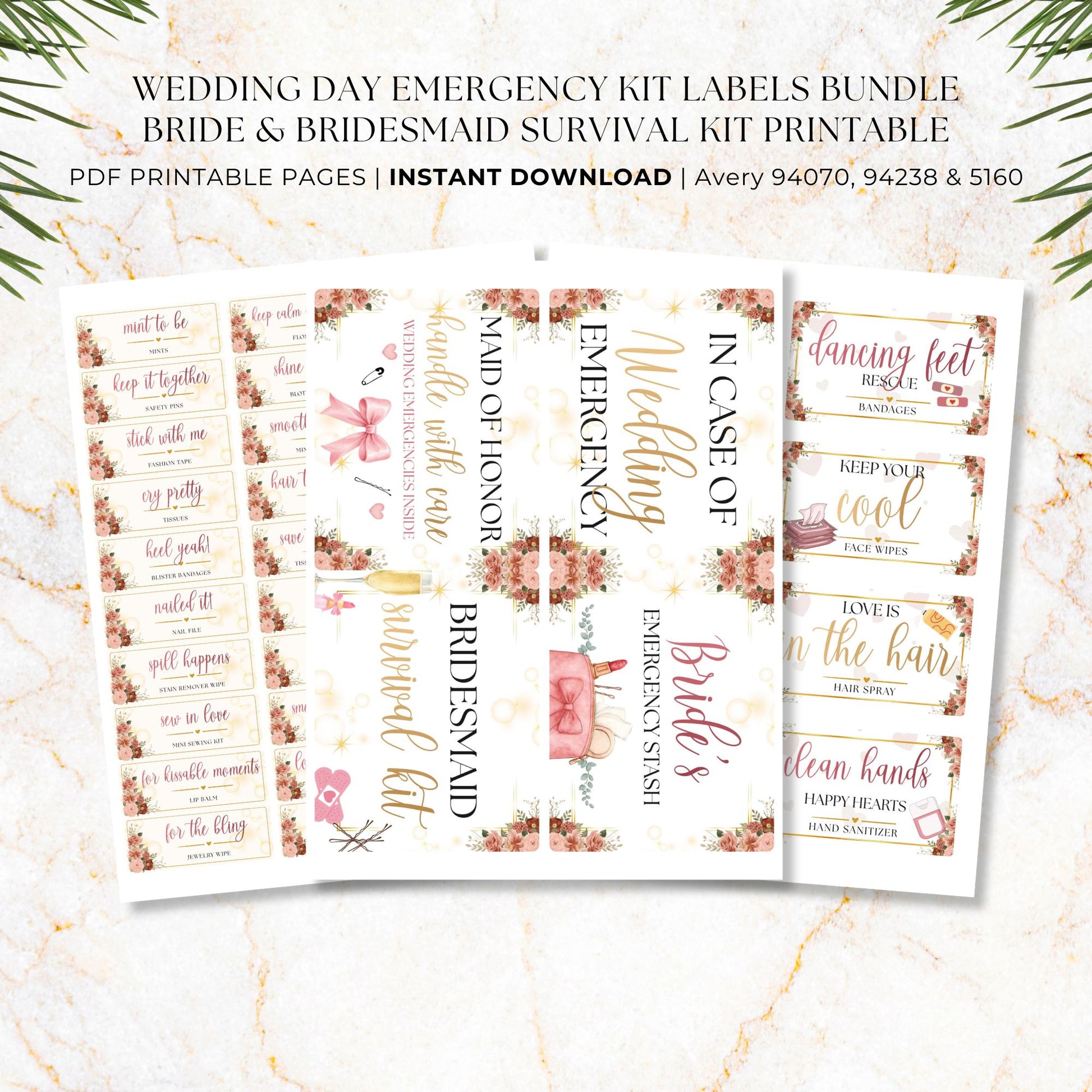 Wedding emergency kit printable labels in large medium and small sizes for organizing bridal survival kit supplies