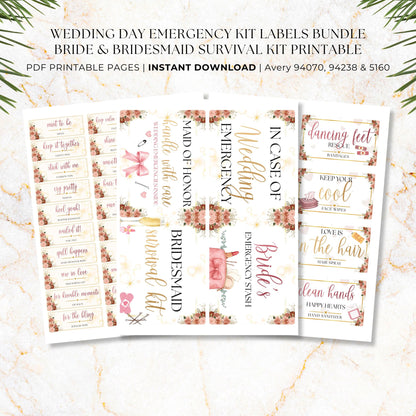 Wedding emergency kit printable labels in large medium and small sizes for organizing bridal survival kit supplies