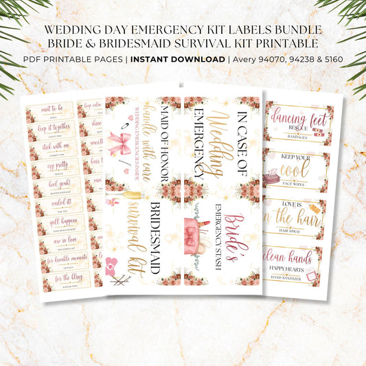Wedding emergency kit printable labels in large medium and small sizes for organizing bridal survival kit supplies