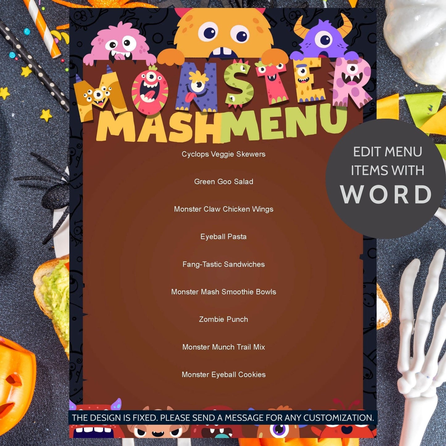 Editable Monster Mash Menu featuring fun, monster-themed food items like Cyclops Veggie Skewers, Monster Claw Chicken Wings, and Zombie Punch, perfect for Halloween and monster-themed parties.