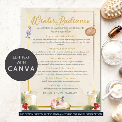 Elegant Winter Radiance Spa Menu Template – Editable “Glow into the Holidays” printable menu featuring peppermint, cranberry, honey, and cocoa-inspired spa treatments in a gold-framed layout with festive accents.
