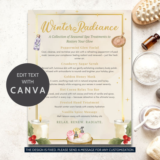 Elegant Winter Radiance Spa Menu Template – Editable “Glow into the Holidays” printable menu featuring peppermint, cranberry, honey, and cocoa-inspired spa treatments in a gold-framed layout with festive accents.