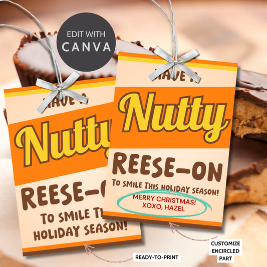 Festive holiday gift tags with a playful "Have a Nutty Reason to Smile This Holiday Season!" message, perfect for nutty treats or chocolate gifts. Includes printable PDF and editable Canva template.