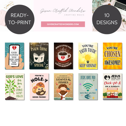 A printable bundle of 10 Christian-themed Valentine’s Day cards, featuring faith-filled messages like Jesus Loves You More Than Coffee, You’re Psalm-Thing Special, and God Loves You More Than Your Phone. Includes 8.5x11-inch (2 per sheet) and 5x7-inch PDF formats.