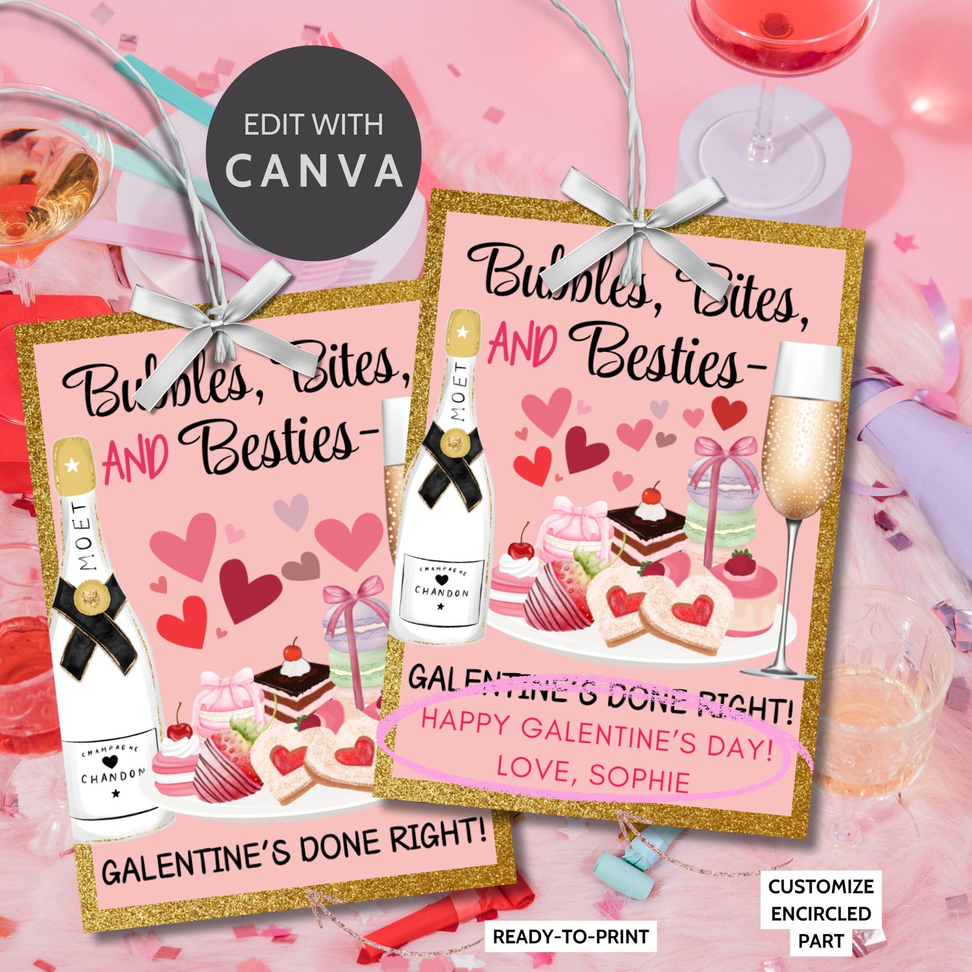 Festive printable and editable Galentine’s Day gift tags featuring champagne, sweets, and the message "Bubbles, Bites, and Besties." Perfect for wine nights, brunch, or Galentine’s gift bags.