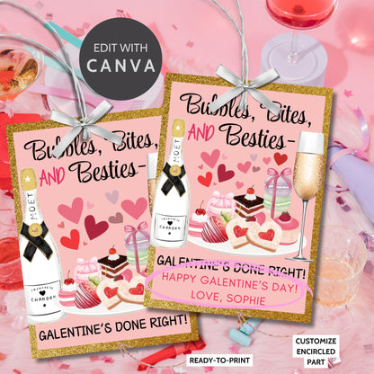 Festive printable and editable Galentine’s Day gift tags featuring champagne, sweets, and the message "Bubbles, Bites, and Besties." Perfect for wine nights, brunch, or Galentine’s gift bags.