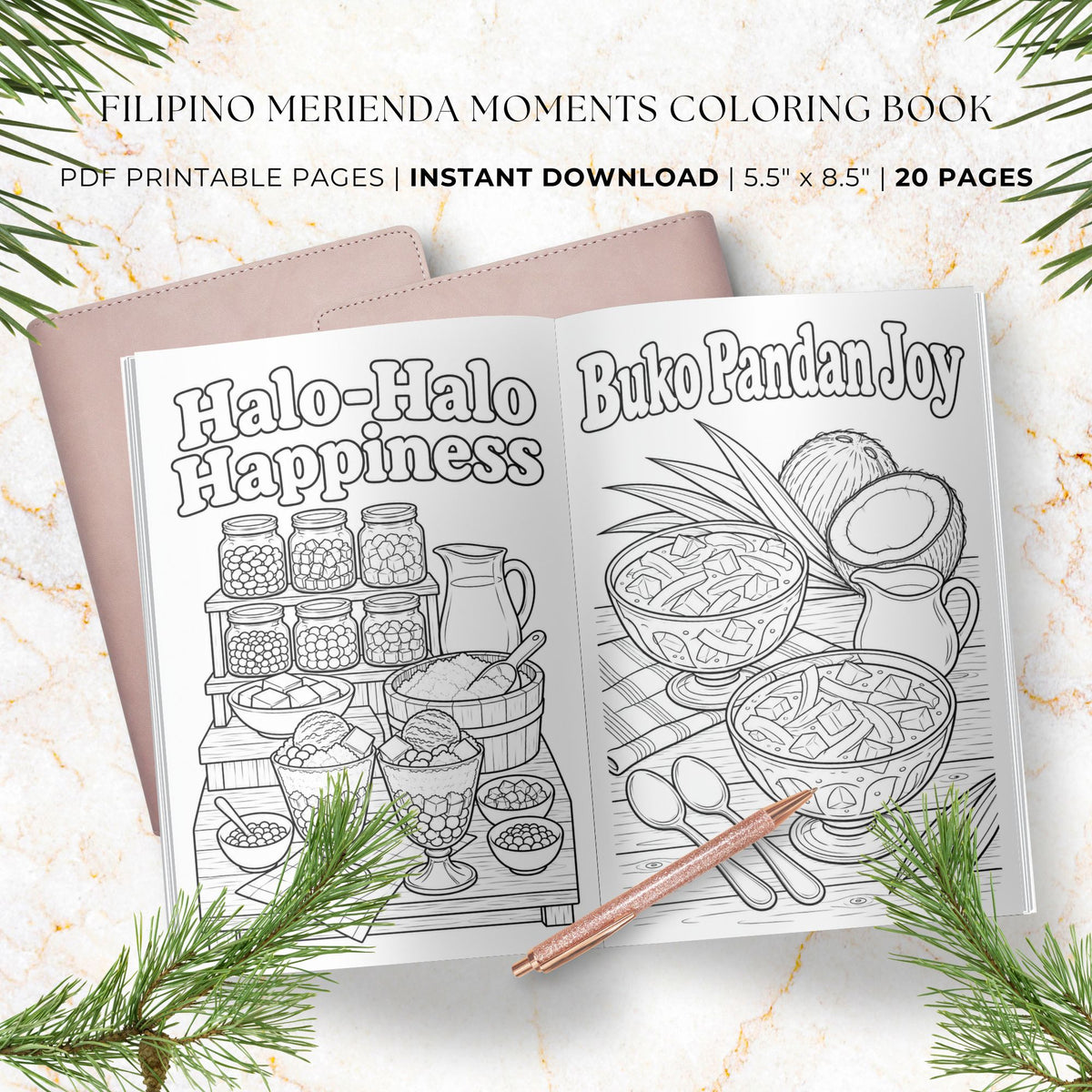 Open preview of a coloring book titled 'Filipino Merienda Moments Coloring Book' with two black-and-white illustrated spread pages, a pink cover, and a rose-gold pen on a marble surface with pine branches around it.