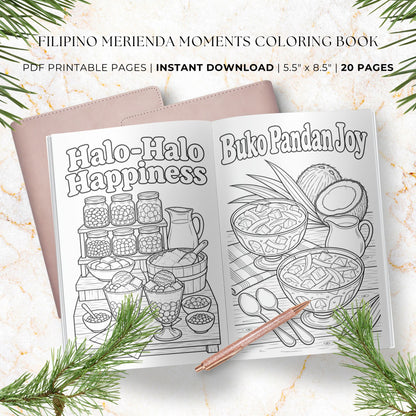 Open preview of a coloring book titled 'Filipino Merienda Moments Coloring Book' with two black-and-white illustrated spread pages, a pink cover, and a rose-gold pen on a marble surface with pine branches around it.