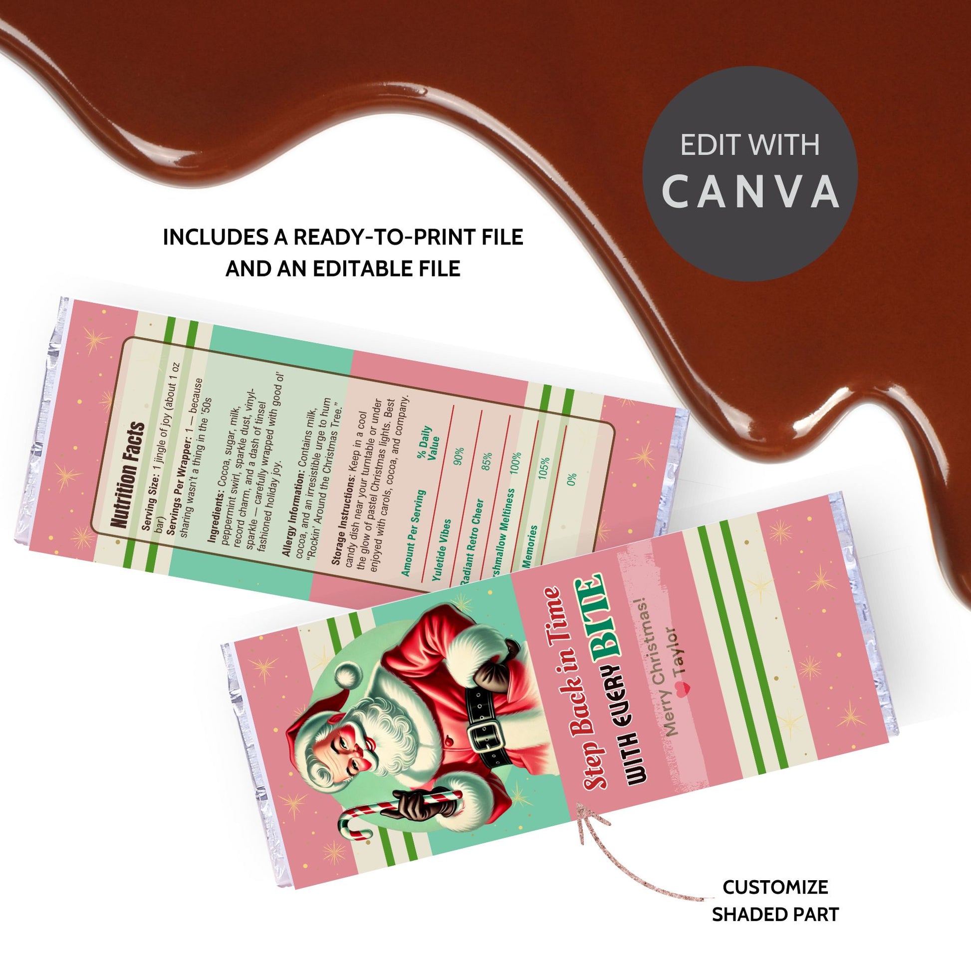 Printable retro Christmas chocolate wrapper with 1950s-inspired diner design, featuring atomic starbursts, pastel red and mint green palette, and editable “Step Back in Time” greeting.
