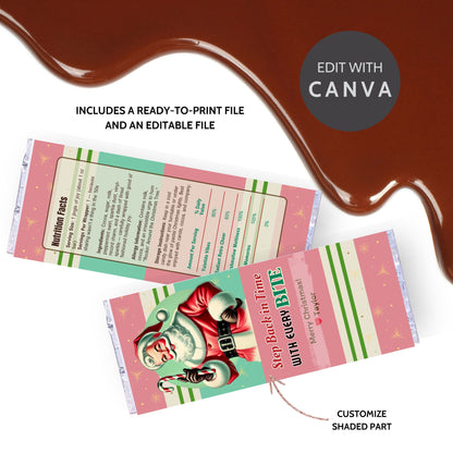 Printable retro Christmas chocolate wrapper with 1950s-inspired diner design, featuring atomic starbursts, pastel red and mint green palette, and editable “Step Back in Time” greeting.