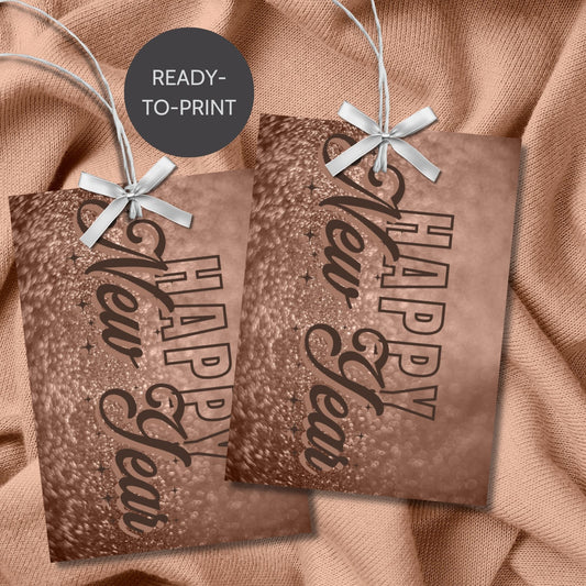 Elegant Mocha Mousse Happy New Year gift tags featuring the 2025 Color of the Year design, perfect for holiday gifting, with "Happy New Year" text in stylish typography. Printable, 2.5 x 3.5 inches, 8 per sheet.