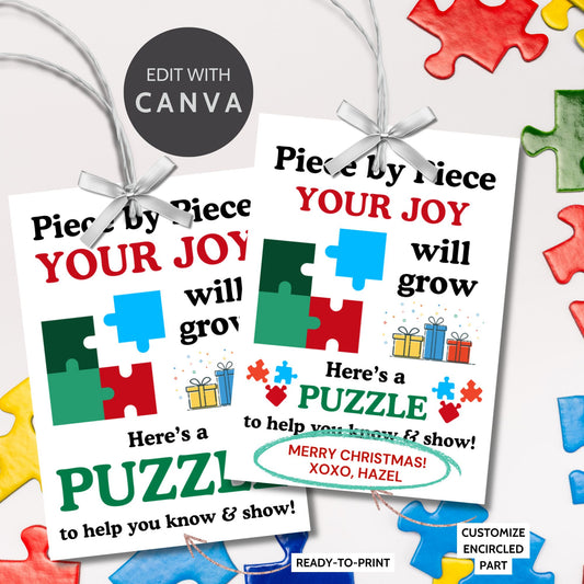 A colorful gift tag featuring puzzle pieces and the message: "Piece by Piece Your Joy Will Grow." Perfect for puzzle-themed gifts during the holidays.