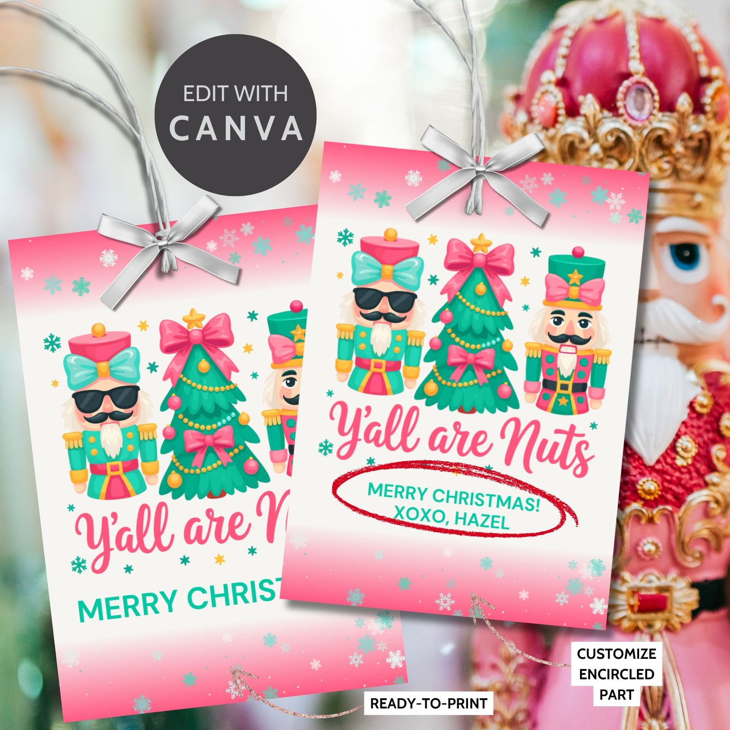 Printable and editable Christmas gift tags with the phrase “Y’all Are Nuts,” sized 2.5 x 3.5 inches, laid out 8 per sheet on 8.5 x 11. Perfect for holiday treat bags and nut-themed gifts.