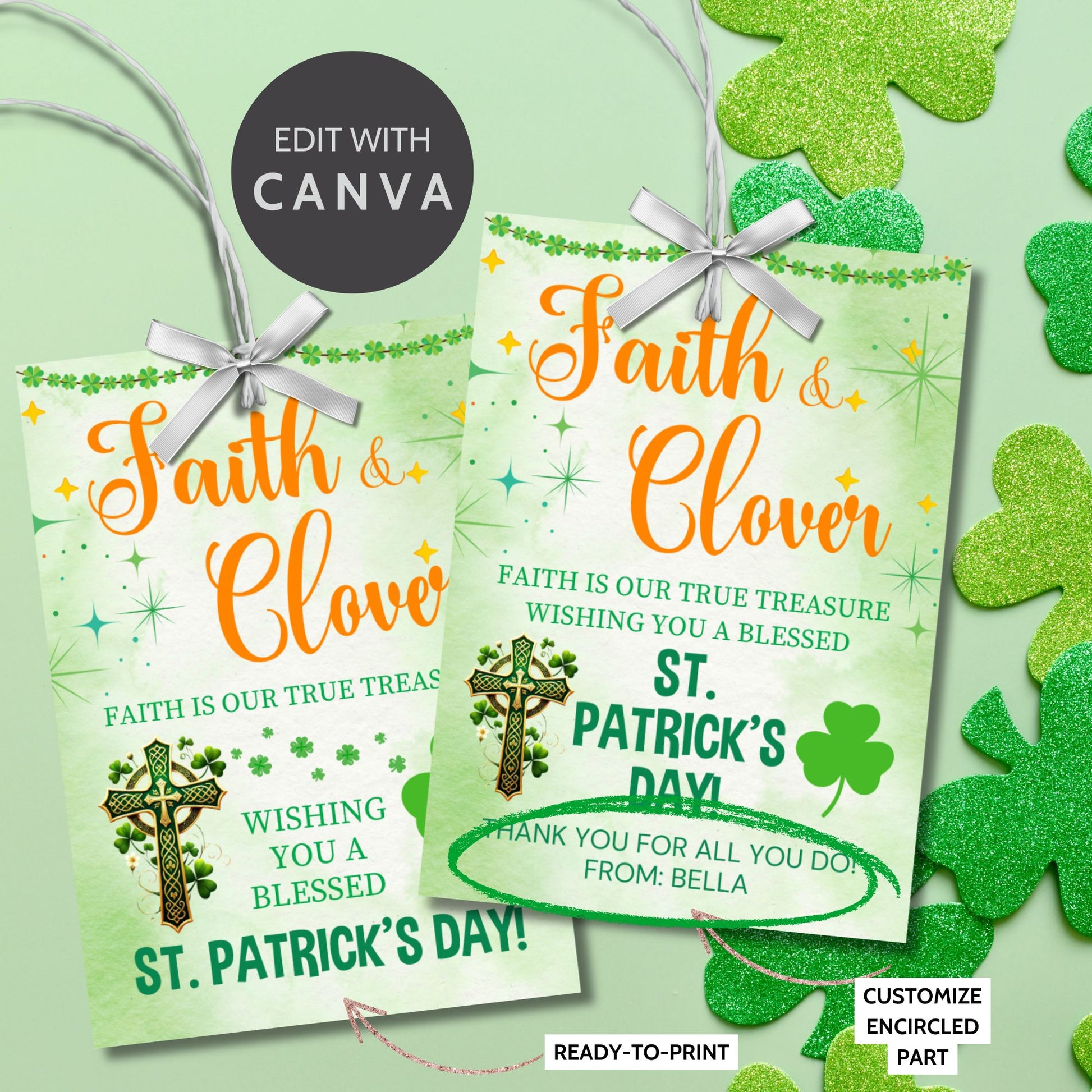 A beautifully designed Christian St. Patrick’s Day printable gift tag featuring a Celtic cross, shamrocks, and a religious blessing. The tags are 2.5 x 3.5 inches, laid out on an 8.5 x 11-inch sheet, 8 per page. Available as a printable PDF and an editable Canva template for personalization.