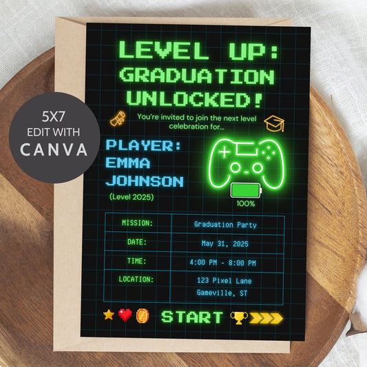 Editable 5x7 video game-themed graduation invitation with neon graphics, game controller icon, and retro gamer text layout. Canva editable.