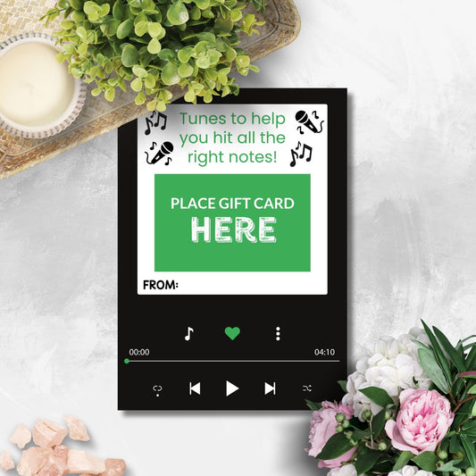 Printable music streaming gift card holders for students and anyone, 5x7 inches, laid out on an 8.5 x 11 inch sheet, with a rhythmic "Tunes to Help You Hit All the Right Notes" message.