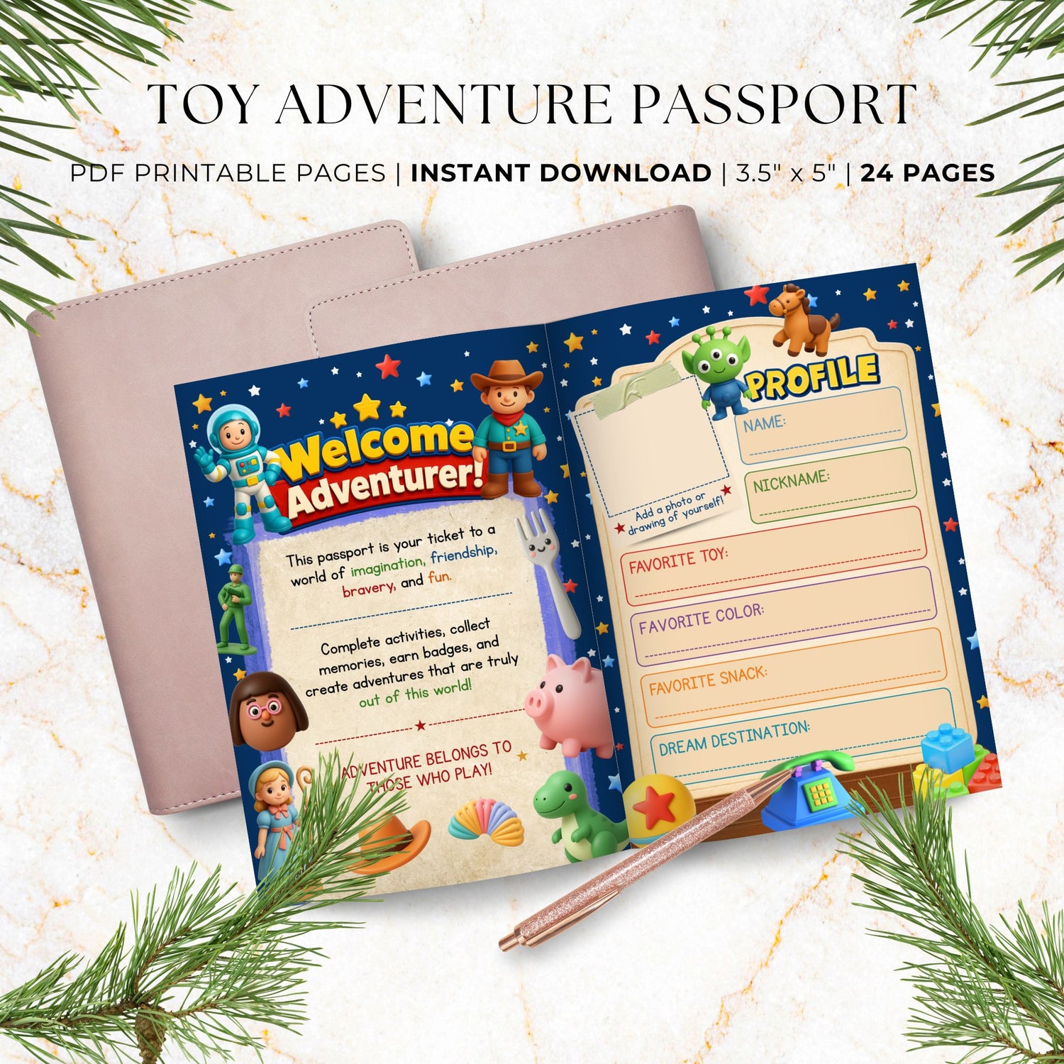 Toy adventure passport printable activity book open to the Welcome Adventurer and Passport Owner Profile pages featuring interactive prompts, profile fields, and colorful toy-themed illustrations.