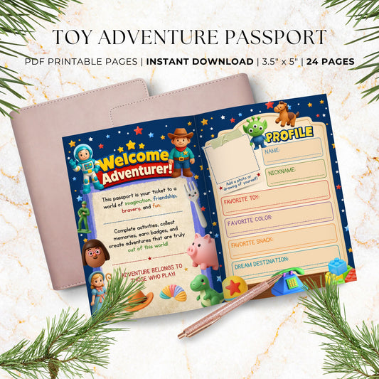 Toy adventure passport printable activity book open to the Welcome Adventurer and Passport Owner Profile pages featuring interactive prompts, profile fields, and colorful toy-themed illustrations.