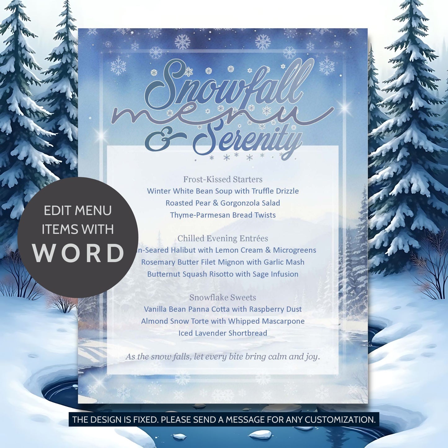 Snowfall & Serenity Editable Holiday Menu Template featuring winter white design with soft snow accents and elegant minimalist layout on 8.5x11 printable Word file.