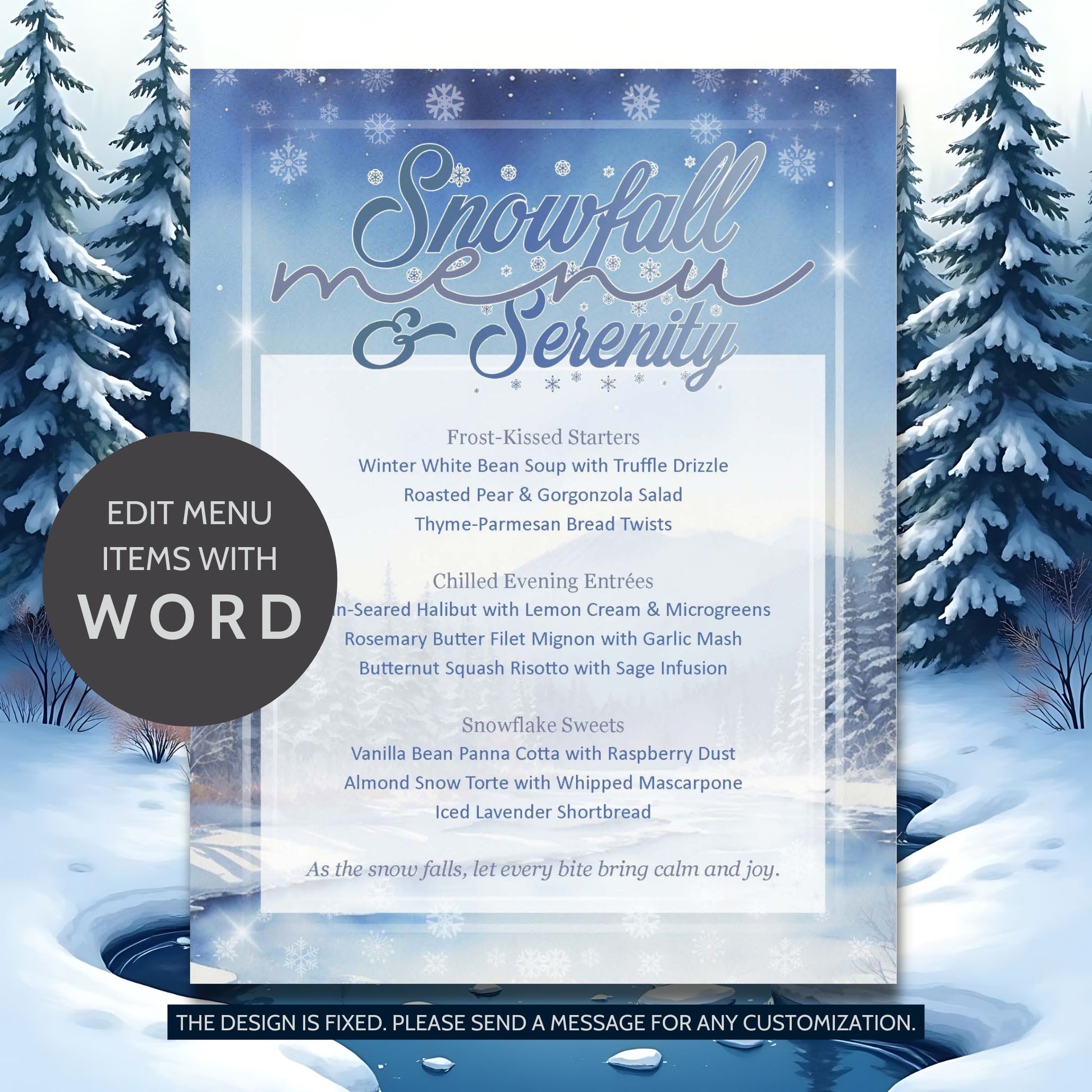 Snowfall & Serenity Editable Holiday Menu Template featuring winter white design with soft snow accents and elegant minimalist layout on 8.5x11 printable Word file.