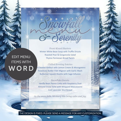 Snowfall & Serenity Editable Holiday Menu Template featuring winter white design with soft snow accents and elegant minimalist layout on 8.5x11 printable Word file.
