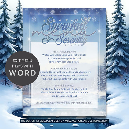 Snowfall & Serenity Editable Holiday Menu Template featuring winter white design with soft snow accents and elegant minimalist layout on 8.5x11 printable Word file.