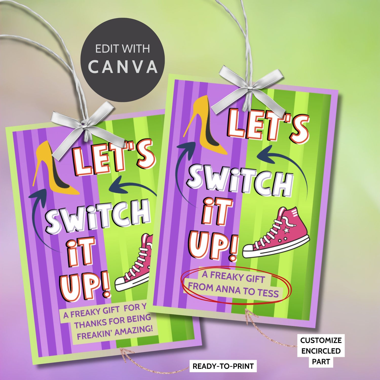 Printable Freakier Friday inspired “Let’s Switch It Up” gift tags in pink and purple design, editable in Canva, sized 2.5x3.5 inches, 8 per sheet on 8.5x11 PDF.