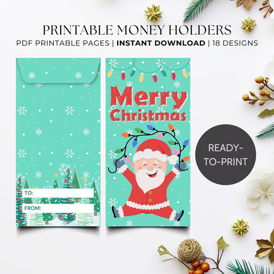 Printable Christmas money holders – 18 festive designs matching Secret Santa gift tags – fun holiday cash and gift card envelopes.