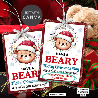 Cute bear-themed holiday gift tags featuring an adorable bear wearing a Santa hat and wrapped in Christmas lights, with the message 'Have a Beary Merry Christmas Day with joy and cheer along the way!' Perfect for personalized holiday gifts.