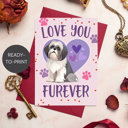 Printable Valentine’s Day Greeting Card featuring the pun “Love You Furever.” Designed as a 5x7 PDF on an 8.5 x 11 sheet with two cards per page. A cute and heartfelt Valentine’s card for pet lovers.