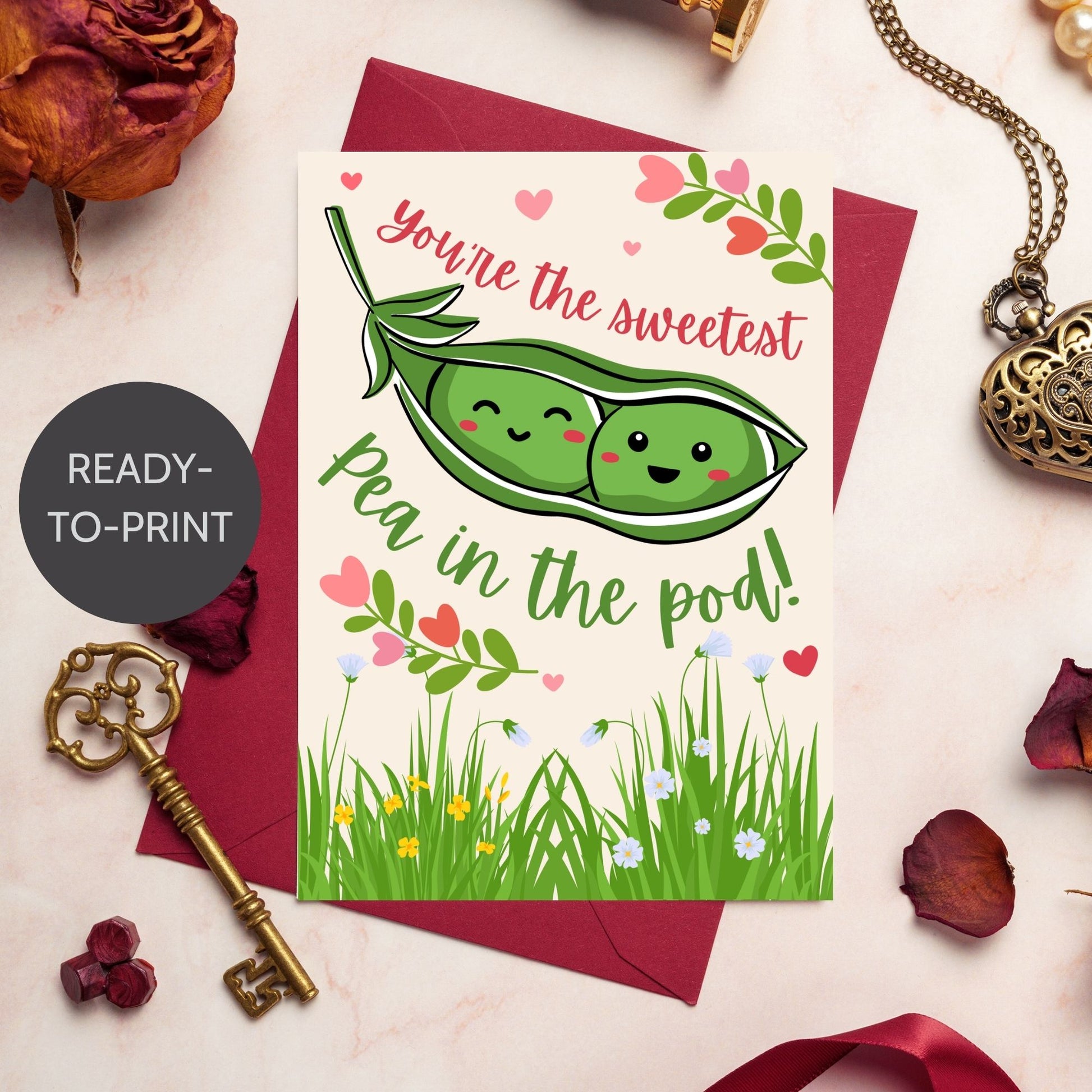 Printable Valentine’s Day Greeting Card featuring the phrase “You’re the Sweetest Pea in the Pod” with a cute pea pod design. Designed as a 5x7 PDF on an 8.5 x 11 sheet with two cards per page. A sweet and punny Valentine’s card for loved ones.