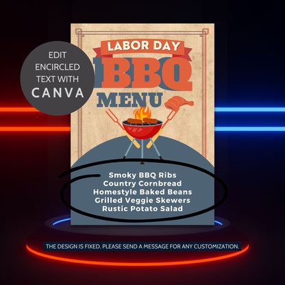 Rustic Labor Day BBQ menu with a vintage design, featuring editable food items like Smoky BBQ Ribs and Country Cornbread