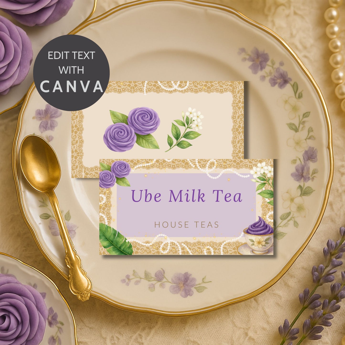 Editable Filipino-themed 3.5x4 folded place cards in ube purple and gold design — printable name cards matching the Merienda Royale invitation, menu, and gift tags by Given Crafted Wonders.