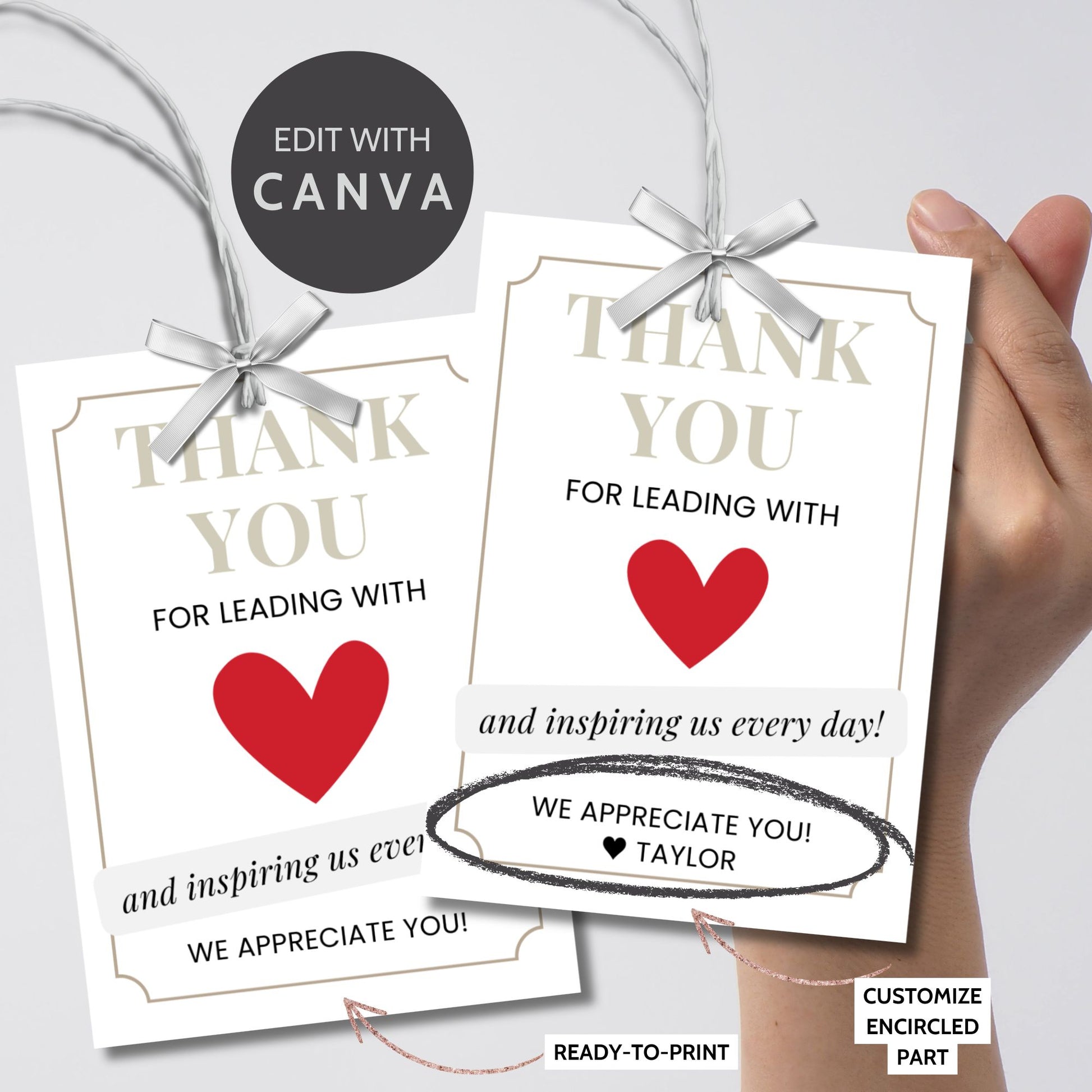 Editable National Boss's Day gift tags featuring a red heart with the message "Thank You for Leading with Heart" and customizable text to show appreciation. Tags are 2.5 x 3.5 inches, 8 per sheet.