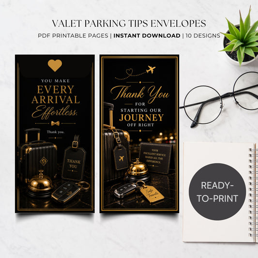 Two black and gold valet parking tips envelope printable designs shown on a light marble background, with text reading 'VALET PARKING TIPS ENVELOPES' and supporting props including glasses, a small plant, and a notepad.