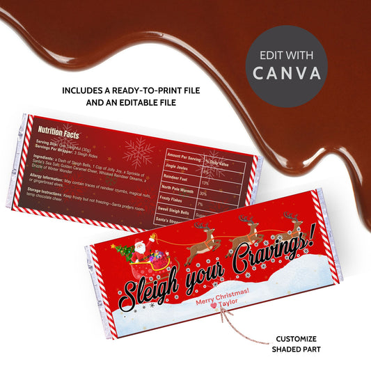 Christmas chocolate bar wrapper featuring Santa's sleigh, reindeer, festive text "Sleigh Your Cravings," with a customizable Merry Christmas message and snowy red backdrop.