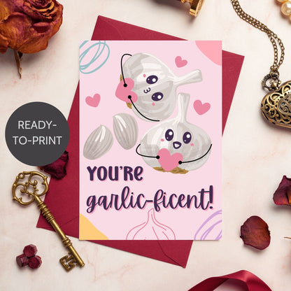 Printable Valentine’s Day Greeting Card featuring the phrase “You’re Garlicficent” with a cute garlic design. Designed as a 5x7 PDF on an 8.5 x 11 sheet with two cards per page. A punny and flavorful Valentine’s card for loved ones.