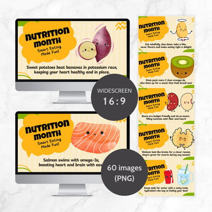 A collection of 60 vibrant Nutrition Month digital display images in a 16:9 widescreen format. Perfect for schools, hospitals, cafeterias, wellness programs, and social media marketing. High-quality PNGs with engaging, fun designs for promoting healthy eating and wellness.