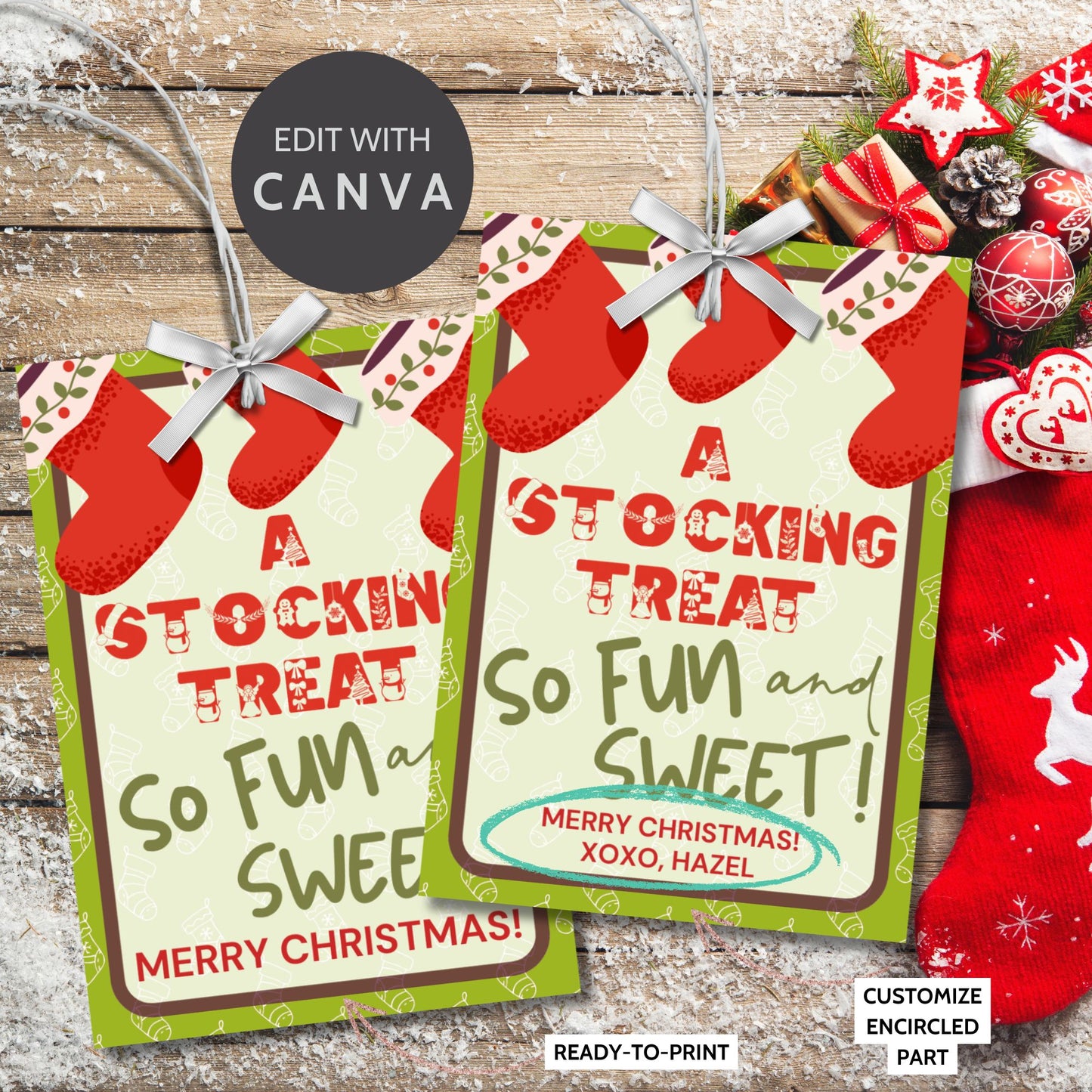 Printable and editable Christmas gift tags for stocking stuffers, featuring a "Stocking Treat" design perfect for fun holiday gifts like Peeps marshmallow treats, customizable on Canva, 8 tags per 8.5 x 11 sheet.