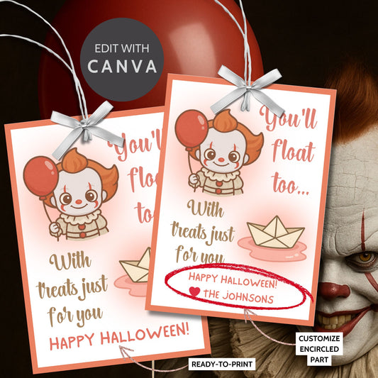Printable and editable Halloween gift tags inspired by the IT movie featuring red balloon design and “You’ll Float Too” text — perfect for horror fans, candy gifts, and Halloween party favors.