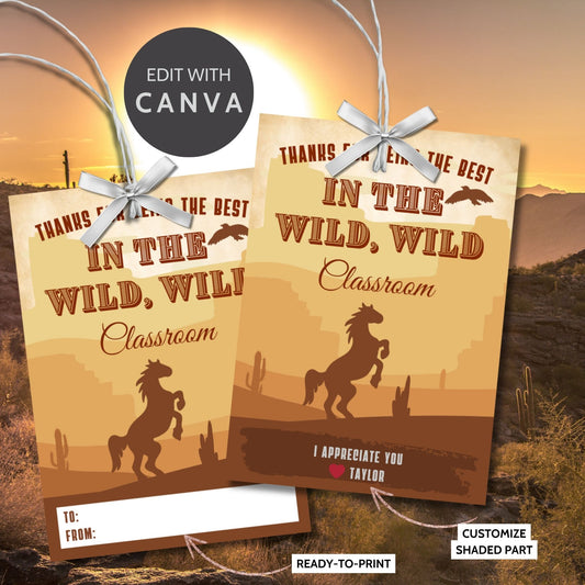 Western-themed teacher appreciation gift tags, sized 2.5 x 3.5 inches, with cowboy hat, boots, and lasso designs, laid out 8 per sheet on an 8.5 x 11-inch printable page. Includes editable Canva template for personalization.