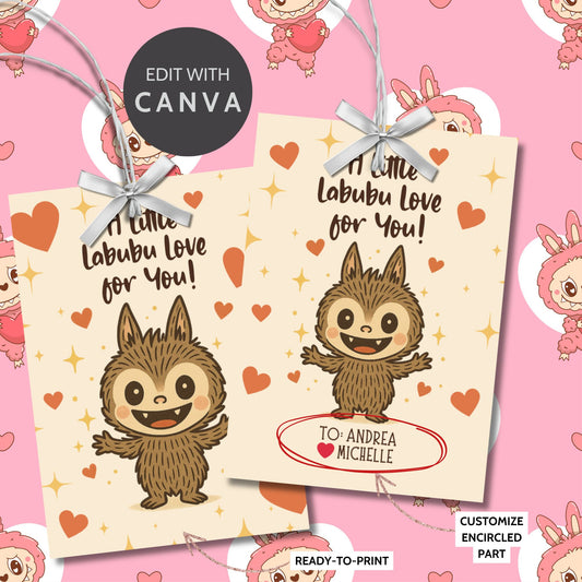 Labubu-inspired printable gift tags in pastel tones, featuring the phrase "A Little Labubu Love for You" on a 2.5 x 3.5 inch tag layout, 8 per 8.5x11 inch sheet.