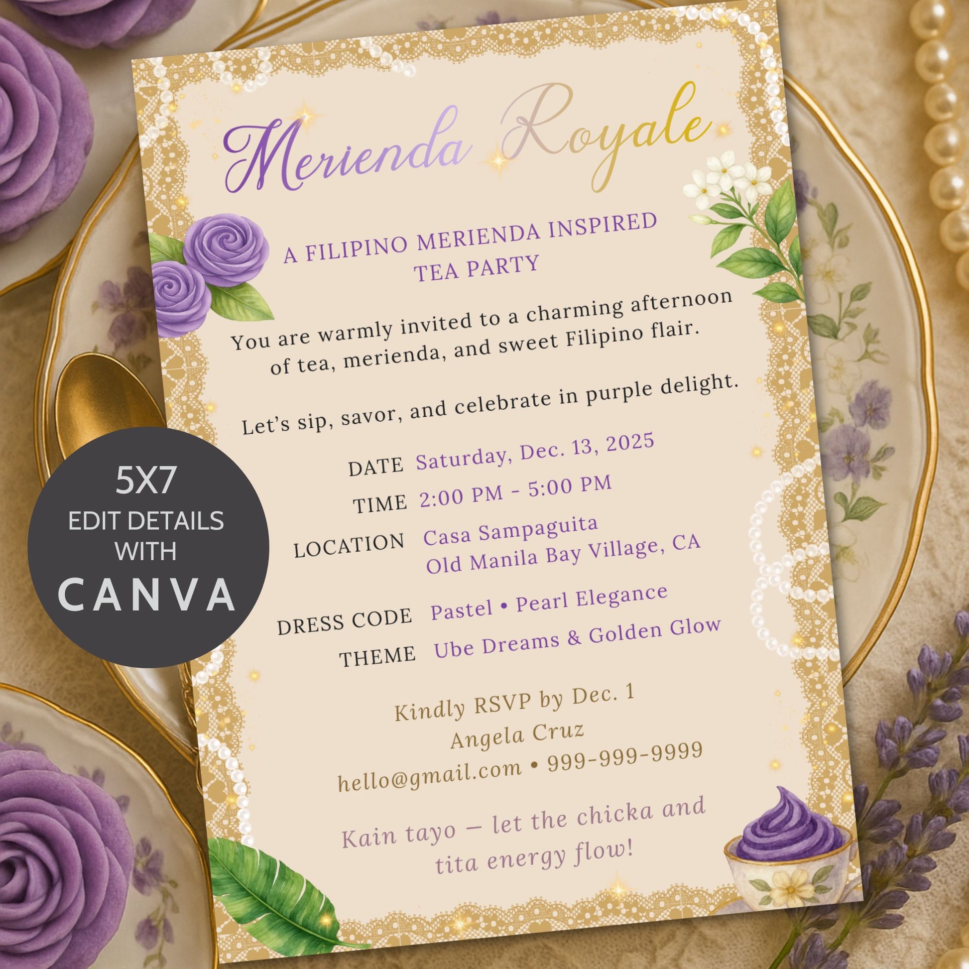 Editable Filipino Tea Party Invitation Template – Merienda Royale design in ube purple and gold with watercolor roses, sampaguita flowers, and teacup illustration. Printable 5x7 Canva invitation by Given Crafted Wonders.