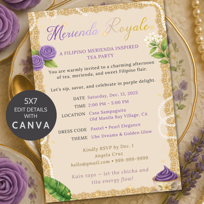 Editable Filipino Tea Party Invitation Template – Merienda Royale design in ube purple and gold with watercolor roses, sampaguita flowers, and teacup illustration. Printable 5x7 Canva invitation by Given Crafted Wonders.