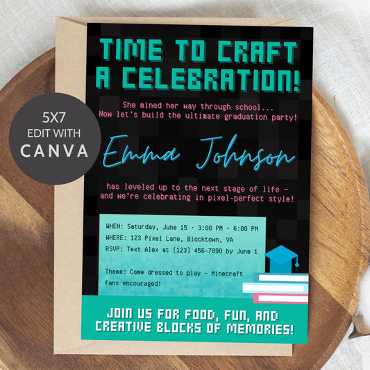 Minecraft-themed editable graduation invitation in pixel style with blocky text, textured backgrounds, and colorful accents. 5x7 Canva template.